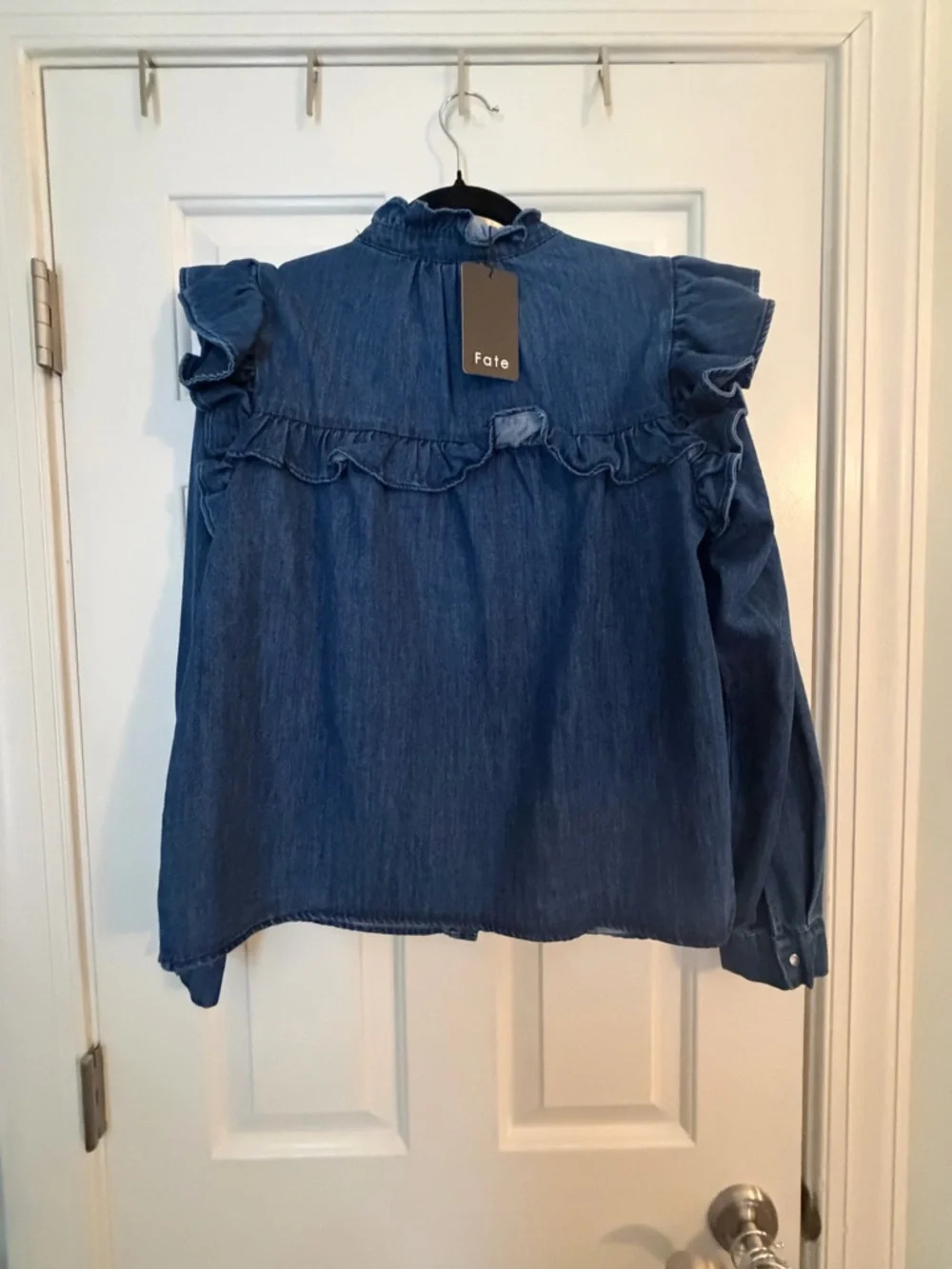 Fate Denim Ruffle Button-Down Top - Blue - Picture 2 of 4